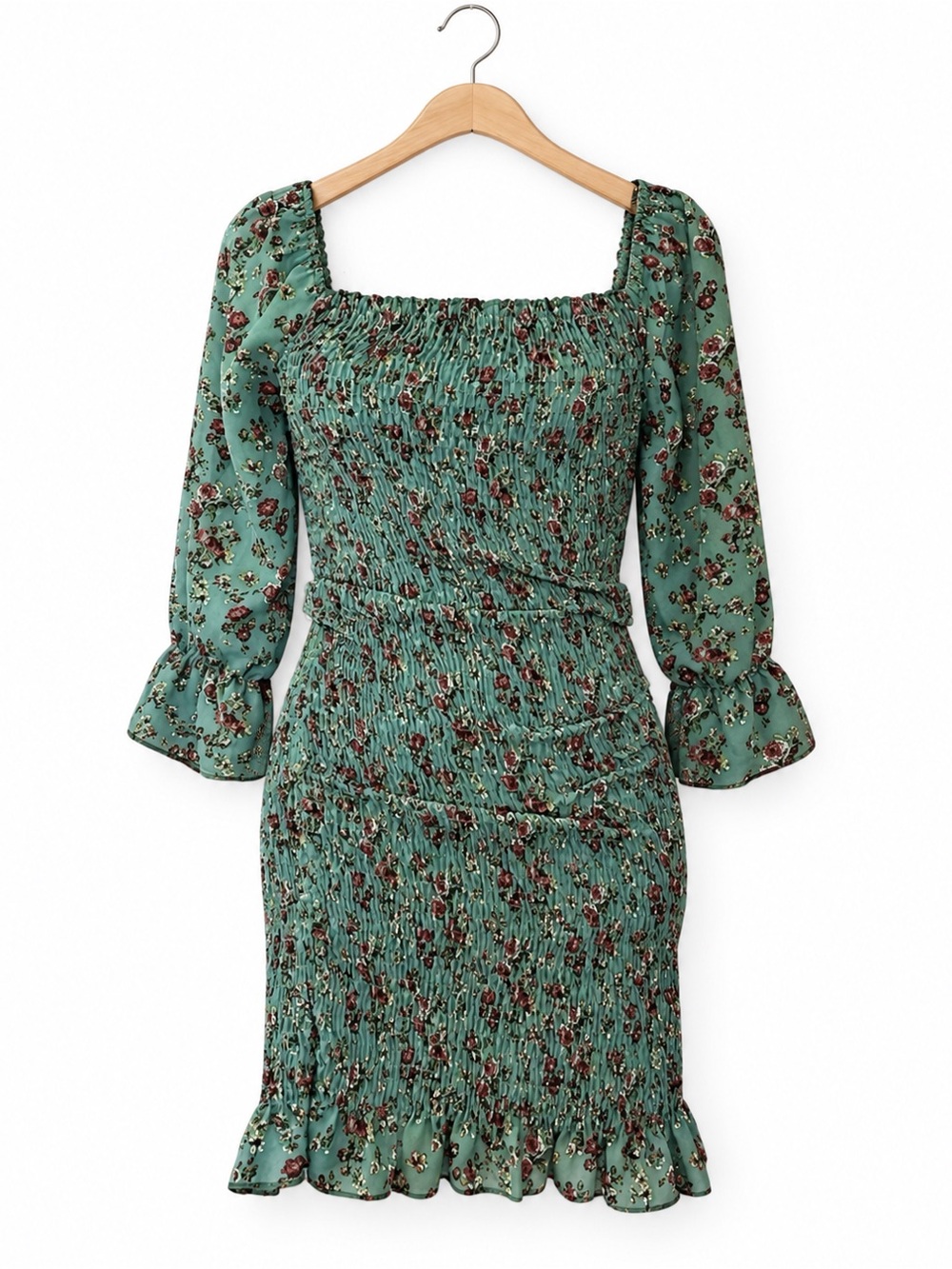 Timing Floral Ruched Smocked Bodycon square neck mini Dress M NWT cottagecore